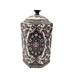 Hexagon Ceramic Canister Jar Floral Paisley Multicolor Lidded Kitchen Decor